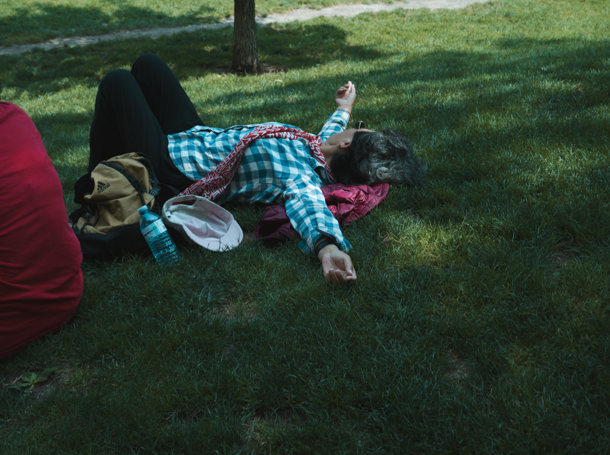 Person sprawled on the grass in a checkered shirt, arm outstretched, resting